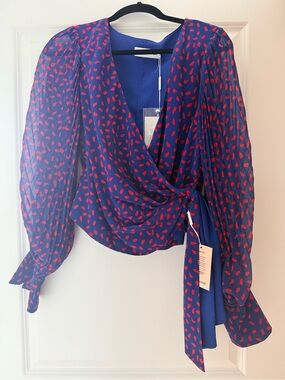 Self-Portrait Blue Wrap Blouse with Red Spot Print